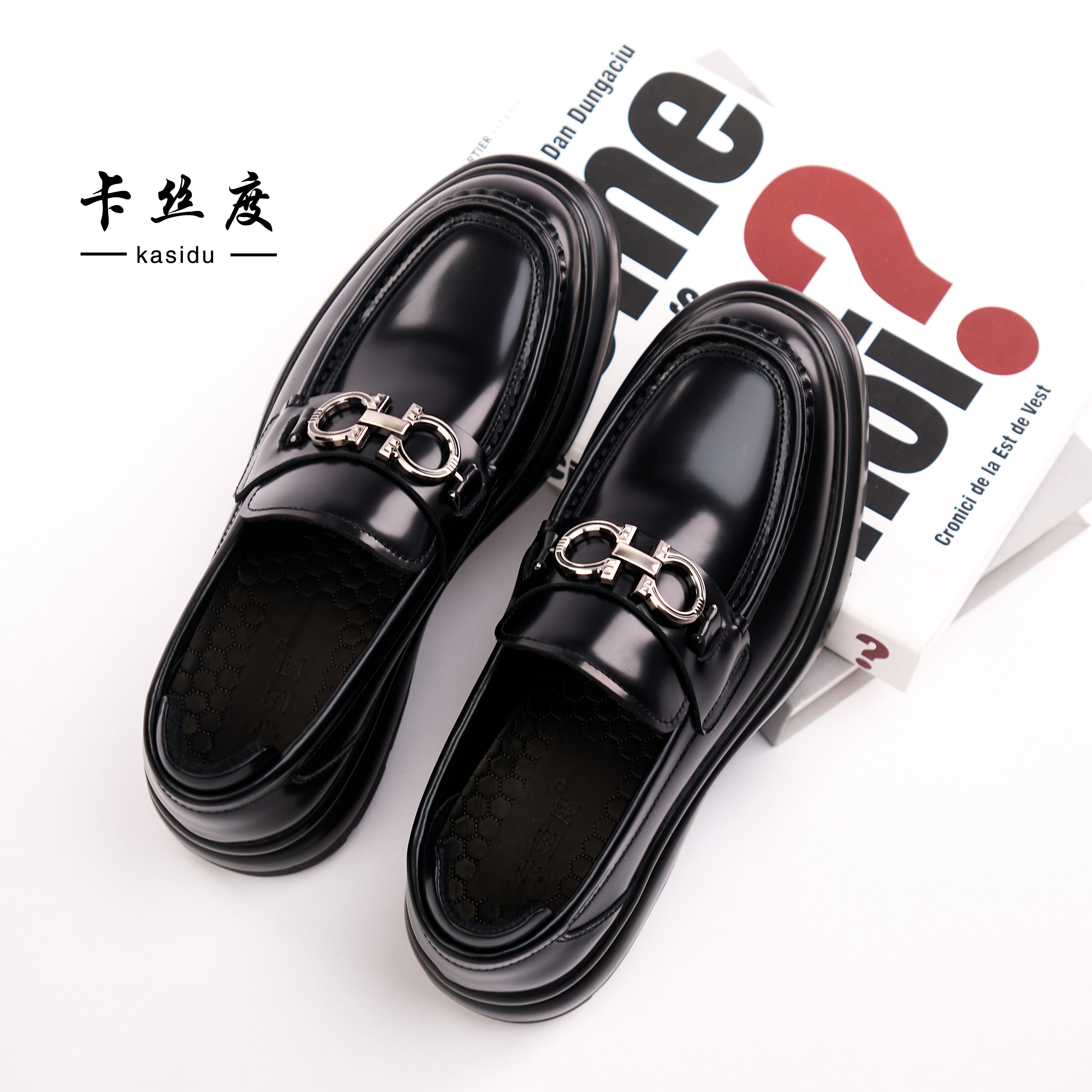 冬季加绒新款增高男士时尚厚底商务休闲皮鞋舒适真皮软底乐福鞋