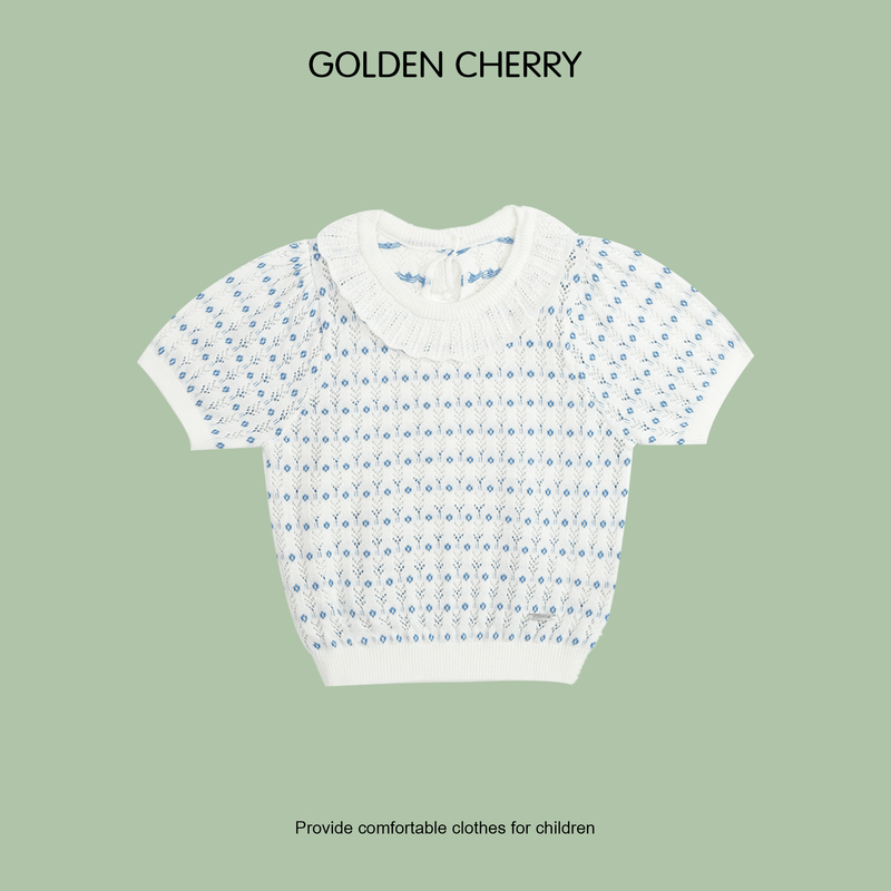 【金樱桃Golden cherry】小童蓝色小花娃娃领针织透气T恤QS077
