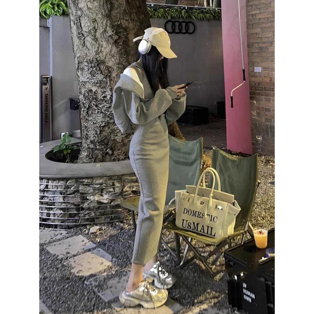 小宇宙专属运动卫衣连帽外套休闲百搭灰色长款吊带连衣裙两件套装