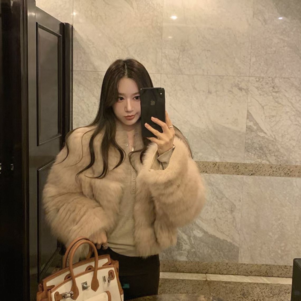 “落日暖冬”狐狸毛横车条外套女秋冬新款气质显瘦