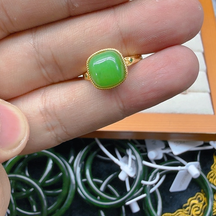 和田玉（碧玉）戒指银S925镀金镶嵌