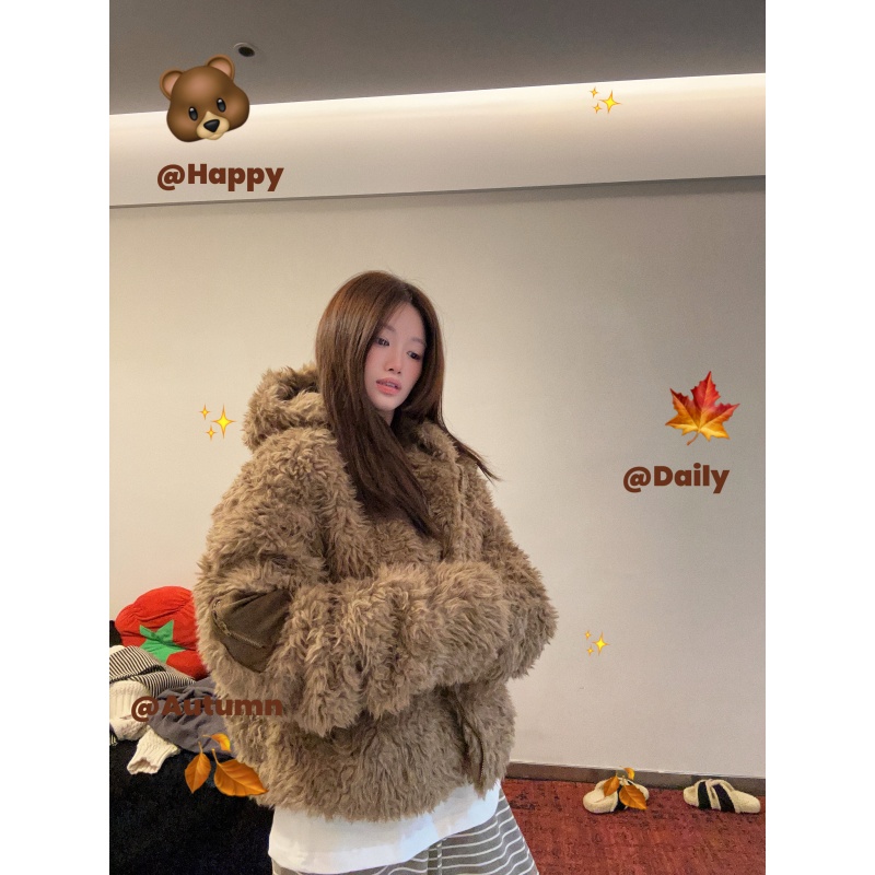 DOOOUM '松弛学院’ 美式毛茸茸仿皮草短款连帽外套 秋冬宽松百搭