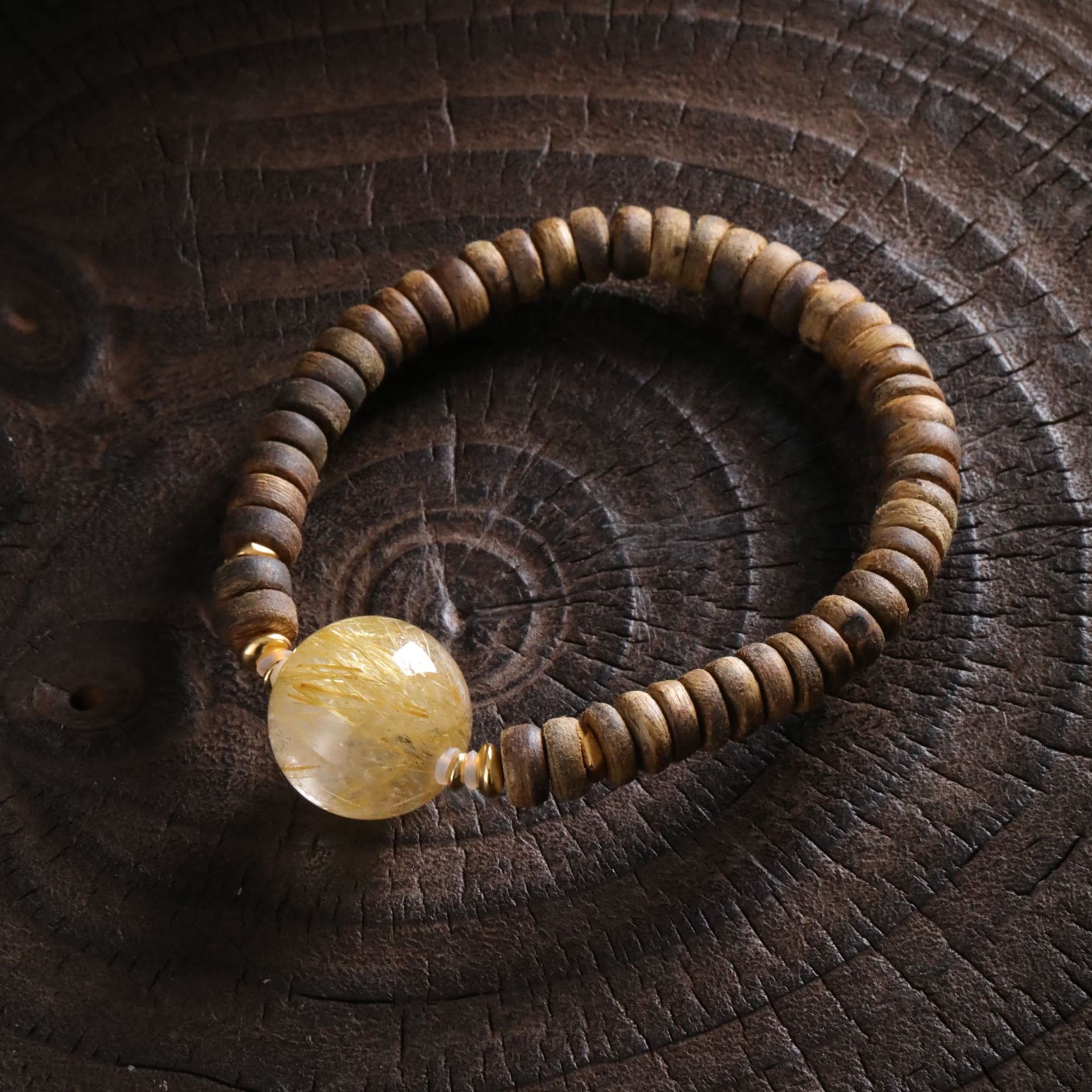 925银木质手链 S12190 金色发发圆珠片片弹力手链