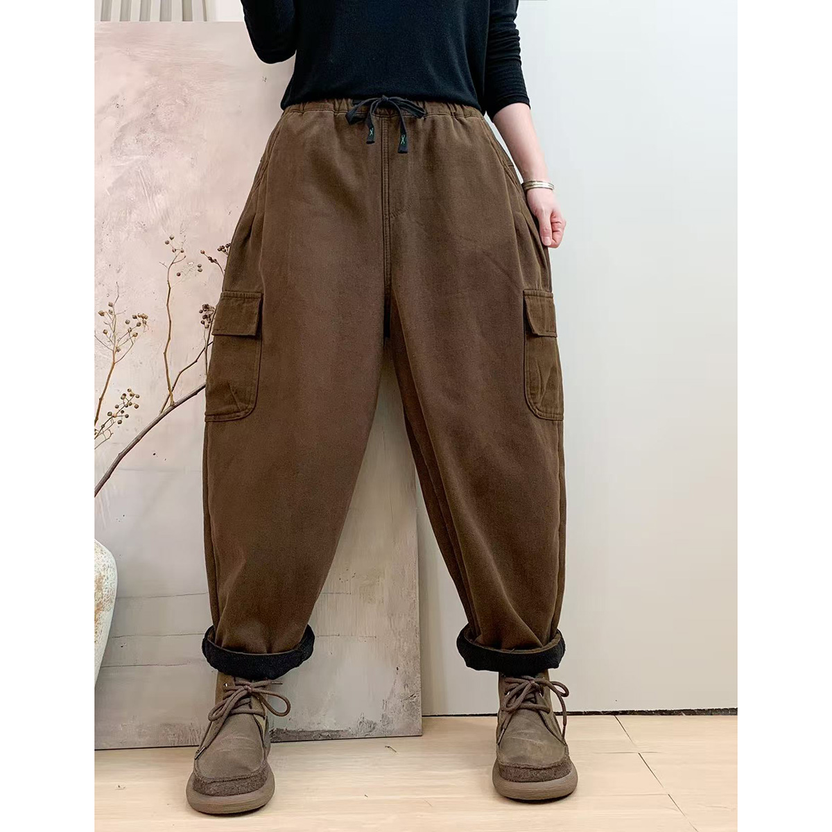 秋冬新款加绒加厚休闲裤百搭宽松工装口袋哈伦裤女士长裤ZB130