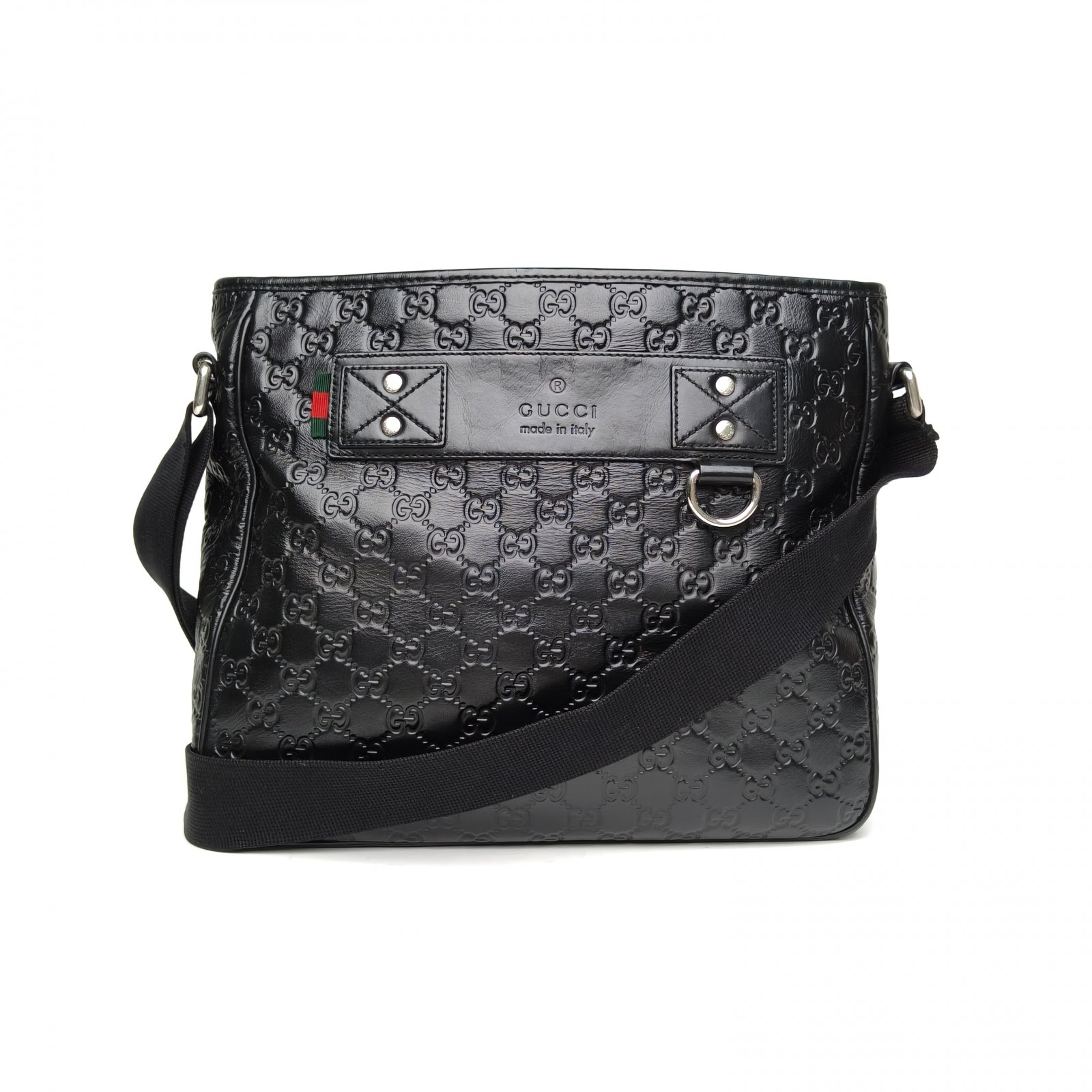 95新 GUCCI/古驰 小花Jerry 黑色银扣 GG 压纹 邮差包 斜挎包