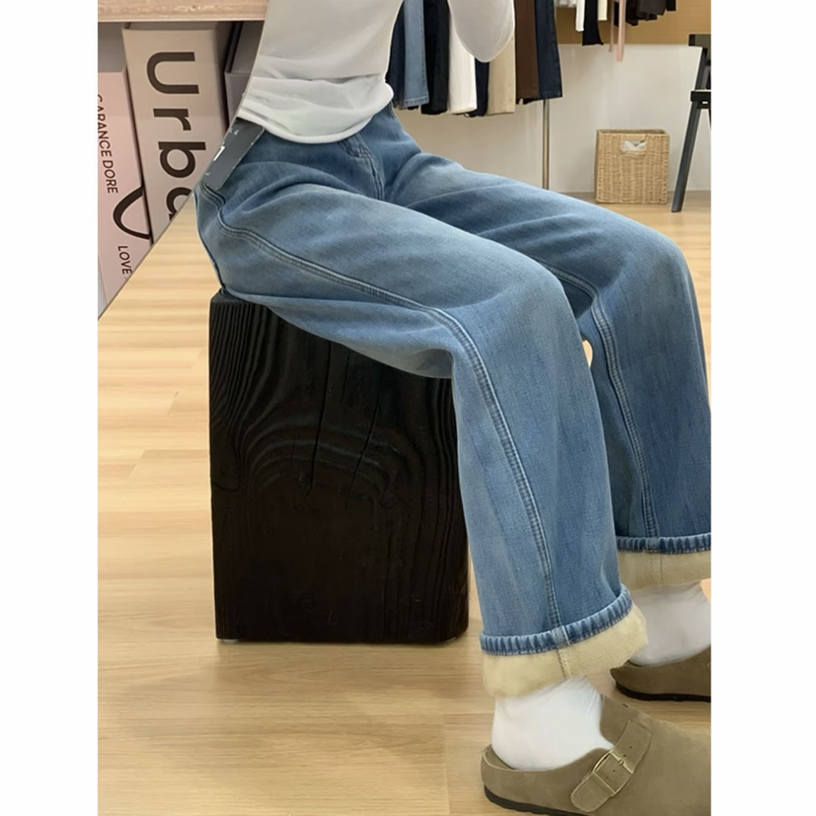 【1121-1130】秋冬窄版阔腿牛仔裤女加绒宽松高腰垂感显瘦直筒裤