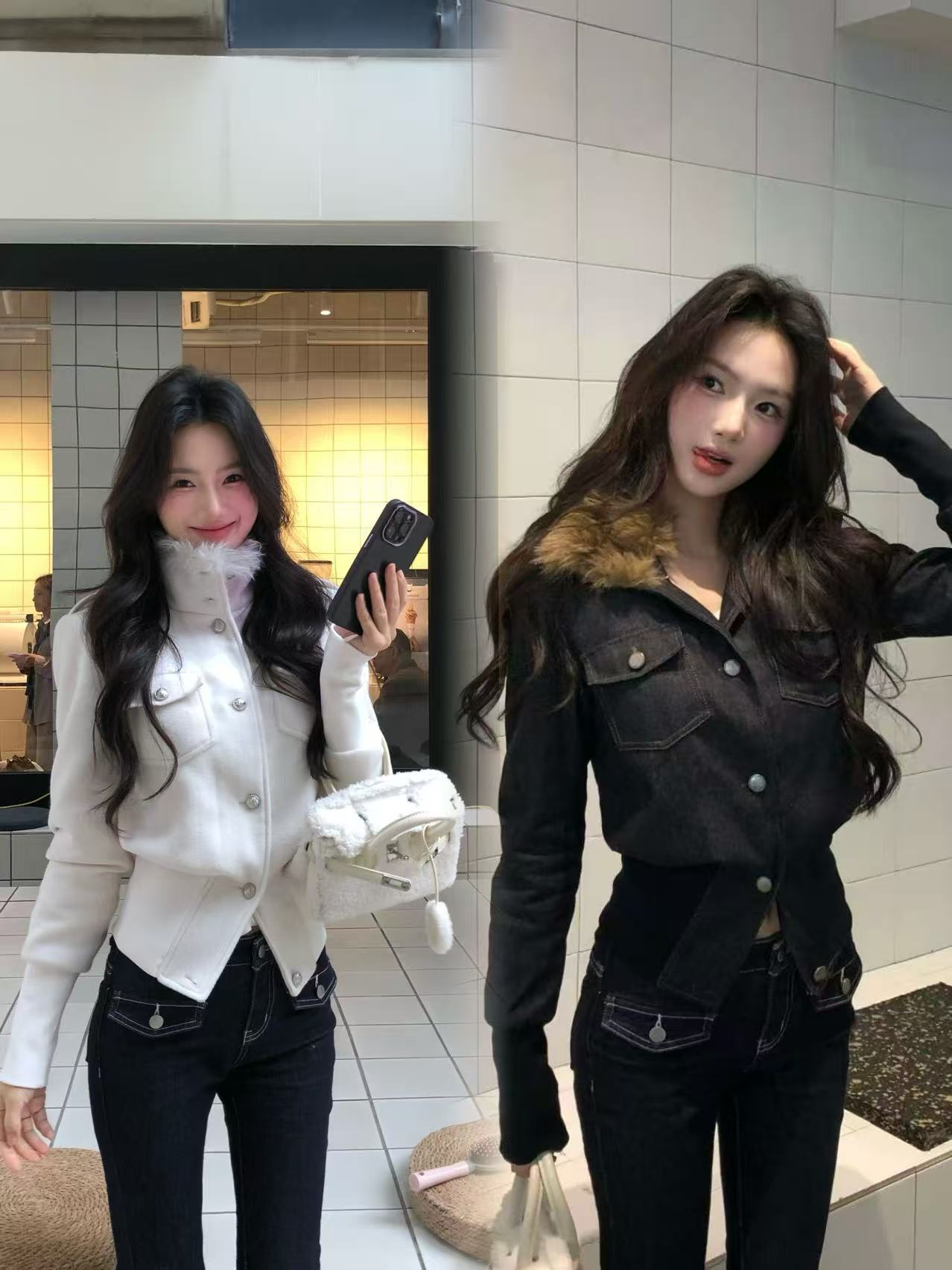 CC SHOP 秋冬牛仔夹棉外套复古风立领女厚款毛领短外套防风街头风