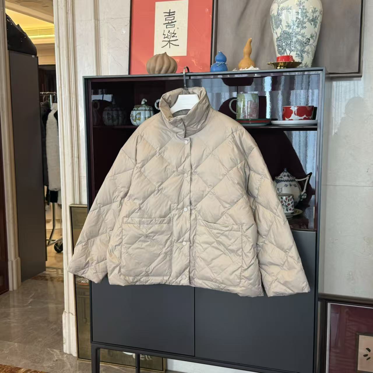 MYL 2025秋冬新品锦纶鹅绒杏色羽绒服立领长袖翻领菱格大口袋外套