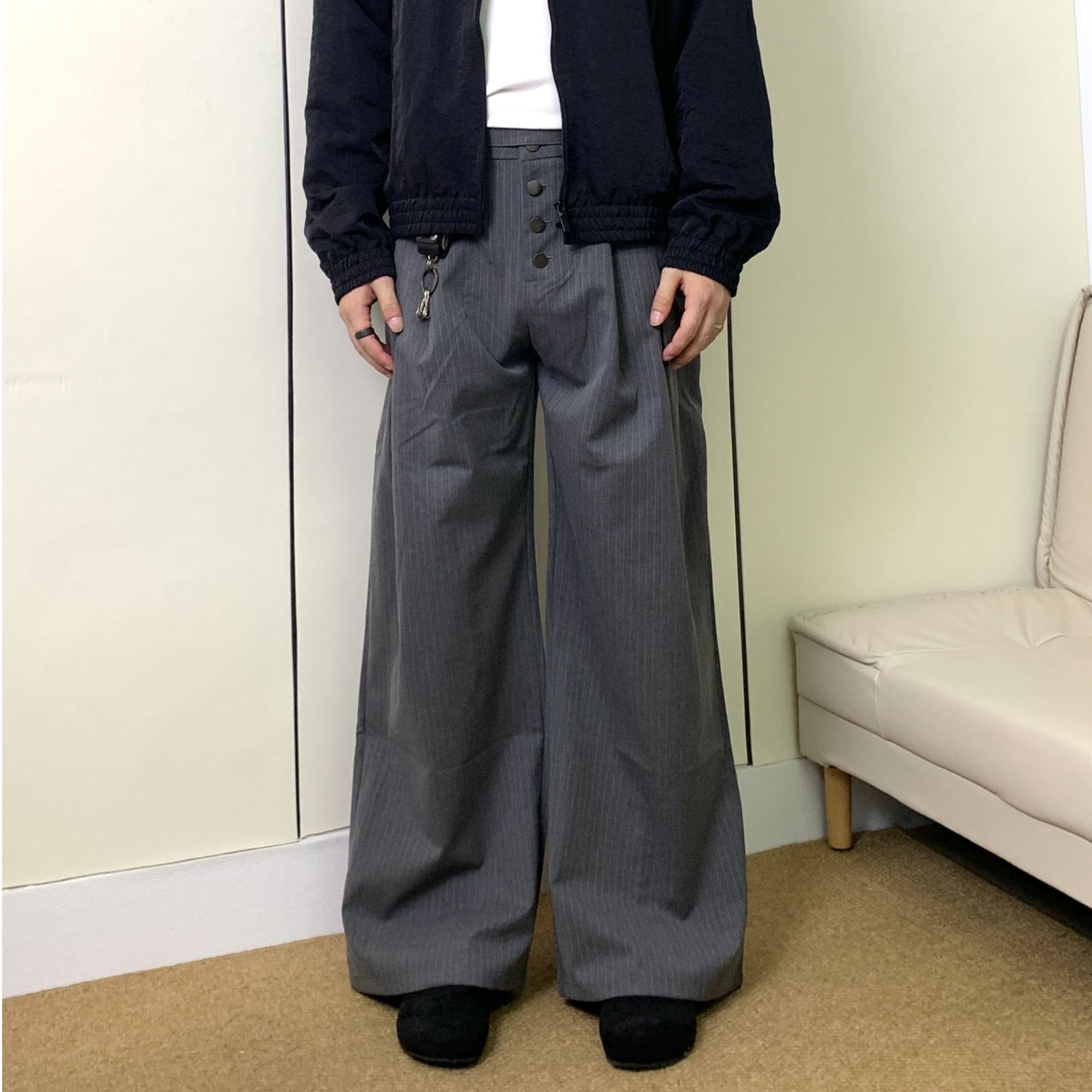 JXGOGLOBAL打褶男女同款直筒微喇高腰条纹西裤宽松垂坠感休闲长裤