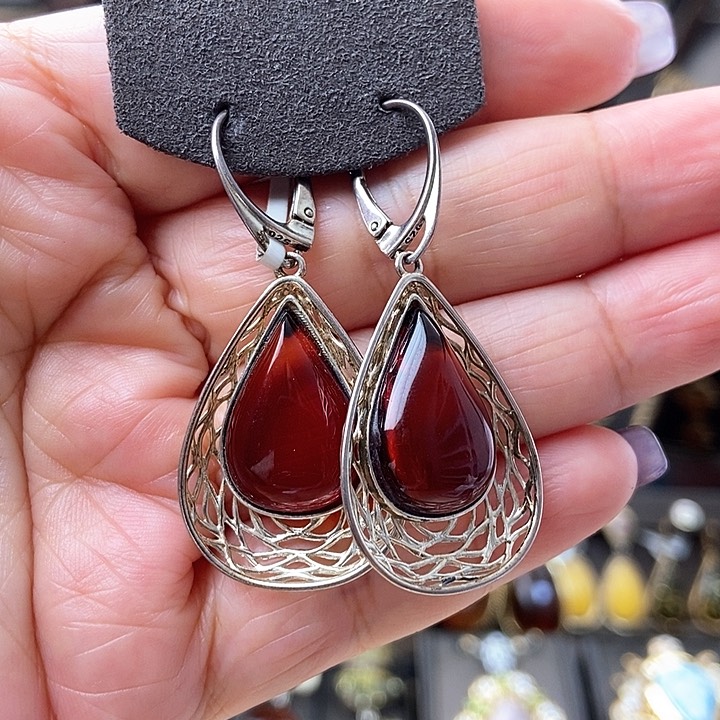琥珀耳饰银S925镶嵌耳环