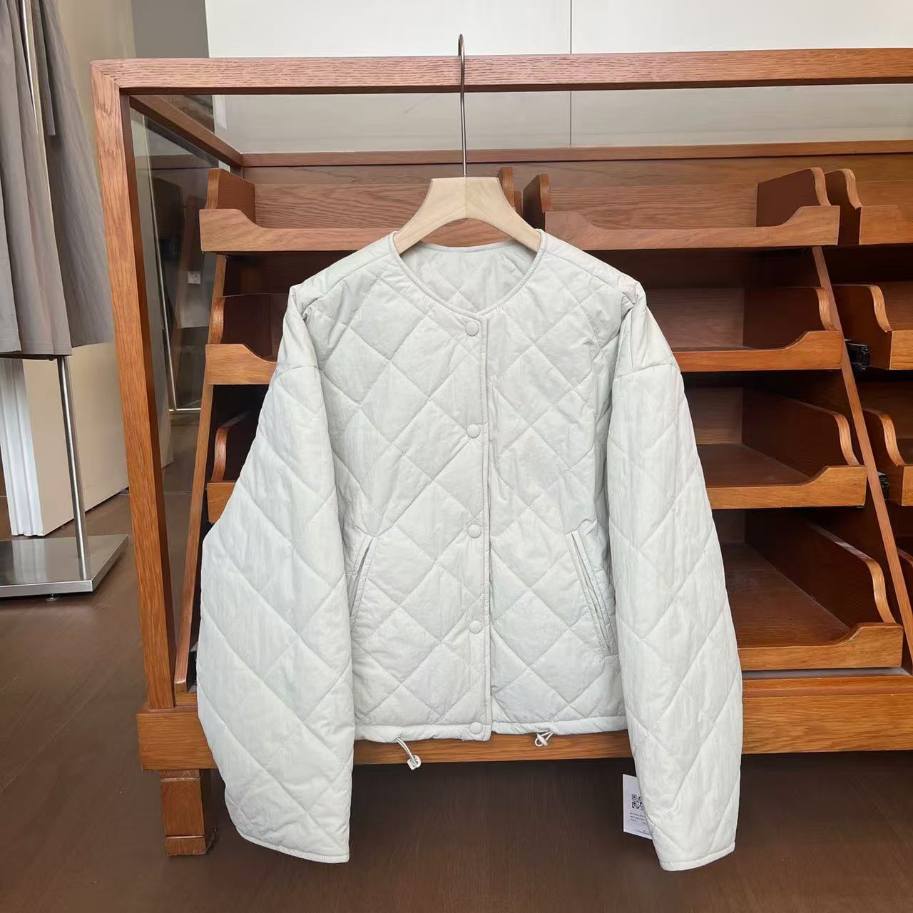 韩国chic小众复古圆领单排扣菱形格短款棉服夹棉保暖外套上衣2121