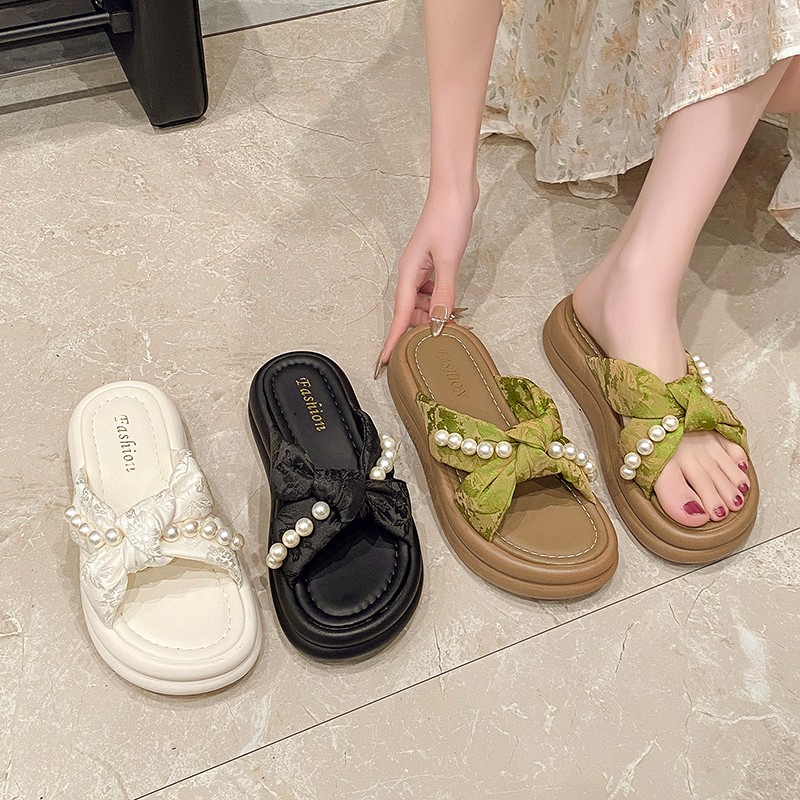 ⑦松糕厚底拖鞋女夏外穿新款串珠刺绣百搭配裙子交叉带沙滩凉拖