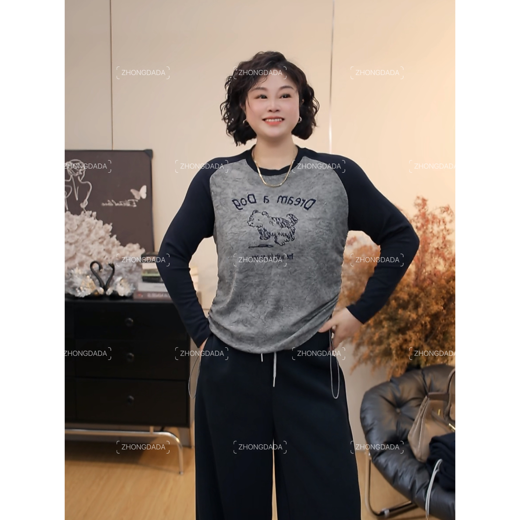 ZHONG大大【】抽绳收腰显瘦长袖T恤女秋冬新款插肩袖上衣1023