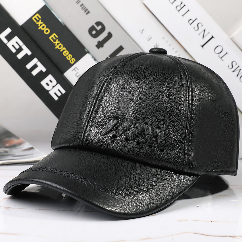 海宁真皮帽子秋冬季中年男士羊皮鸭舌帽户外百搭透气真皮棒球帽子