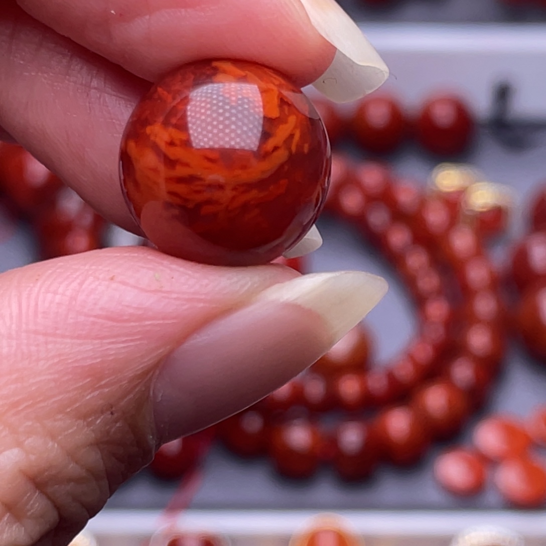 蓝***.南红玛瑙未镶嵌配珠14.2mm瓦西玫瑰牛血妖火焰高品单珠