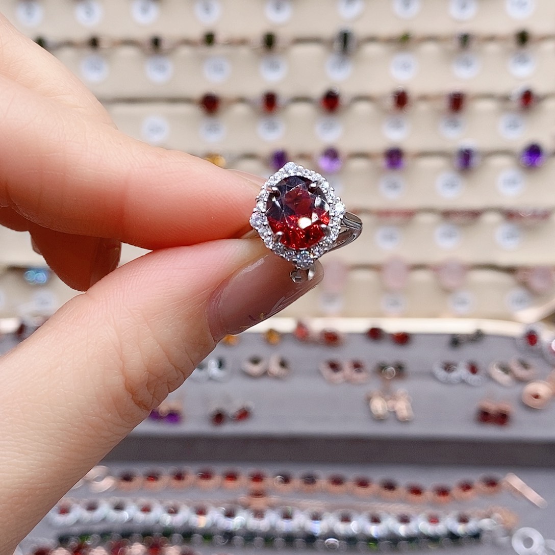 石榴石戒指银S925镶嵌戒指