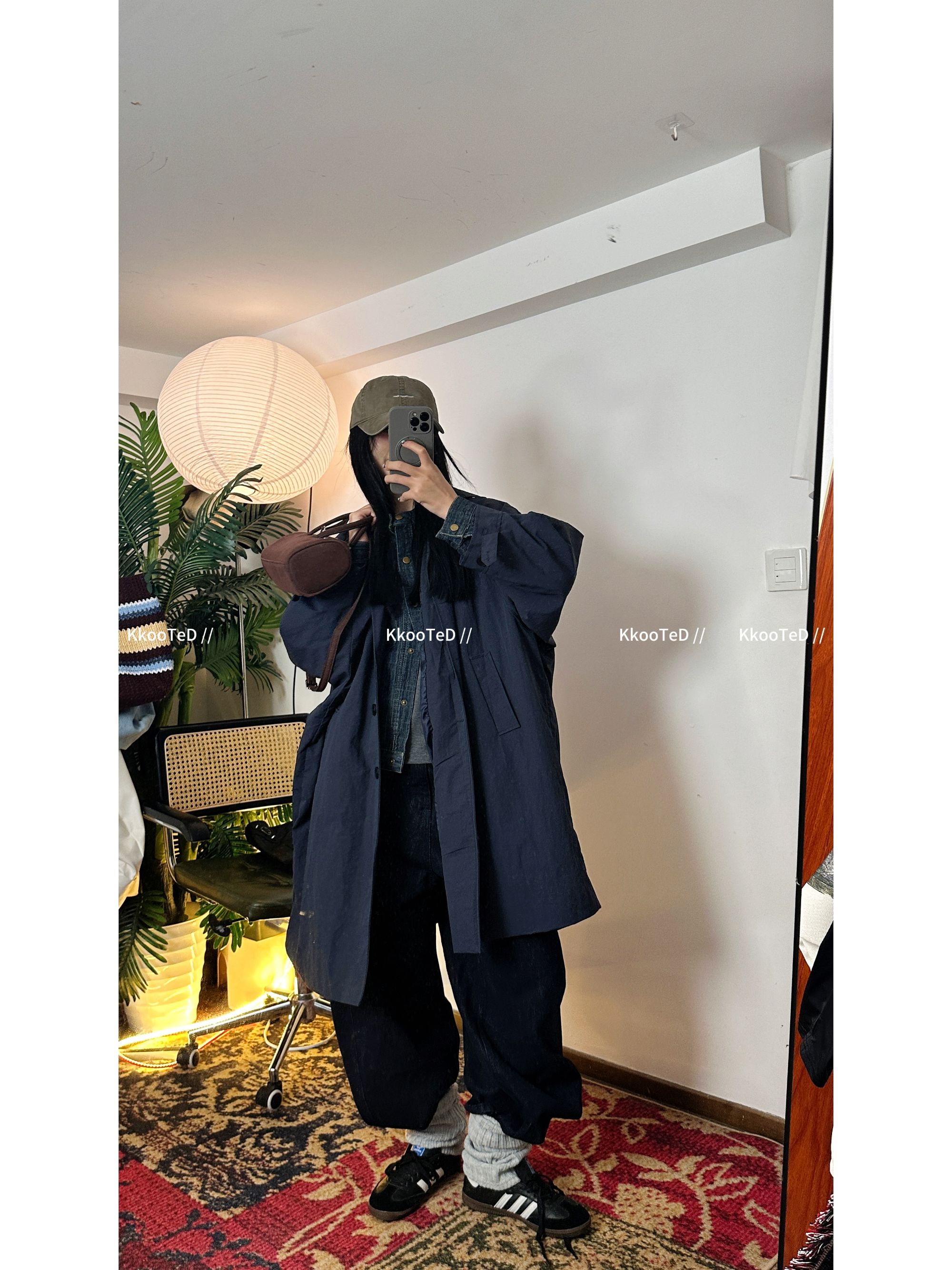 KkK【r*w】日系宽松立体弧形藏蓝色工装风衣外套