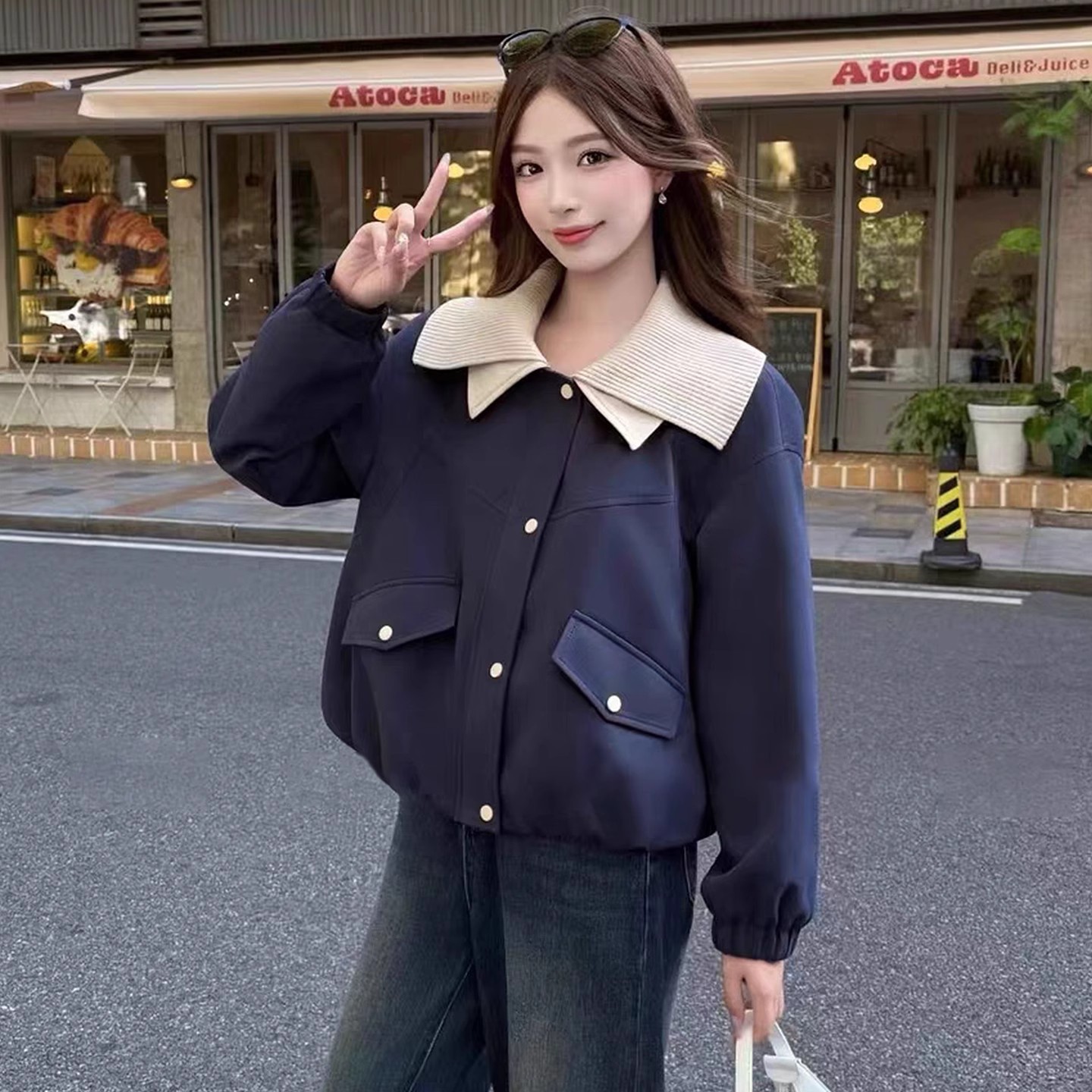 8820时尚百搭休闲简约针织双领短外套2025秋季上衣宽松百搭夹克女