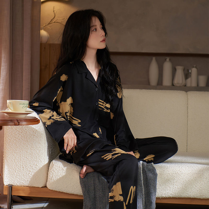 睡衣女春秋ins慵懒风高档韩版长袖长裤翻领可外穿女士家居服套装