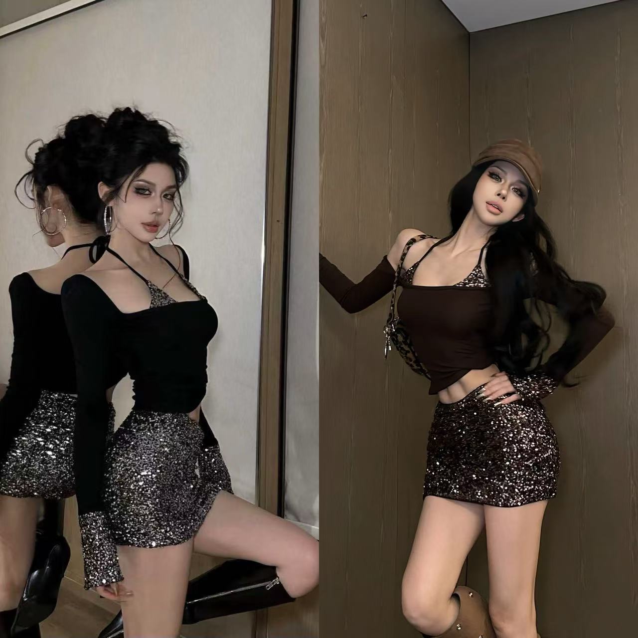 FORNIS 假两件亮片吊带T恤显瘦半身裙套装F25Y50059+F25Q50062