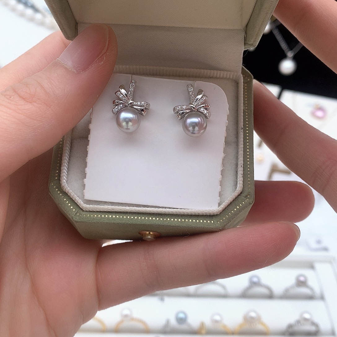 海水珍珠7-7.5mm 真多麻蝴蝶结耳钉银S925镶嵌