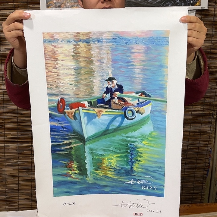 油画行路人小院绘画作品