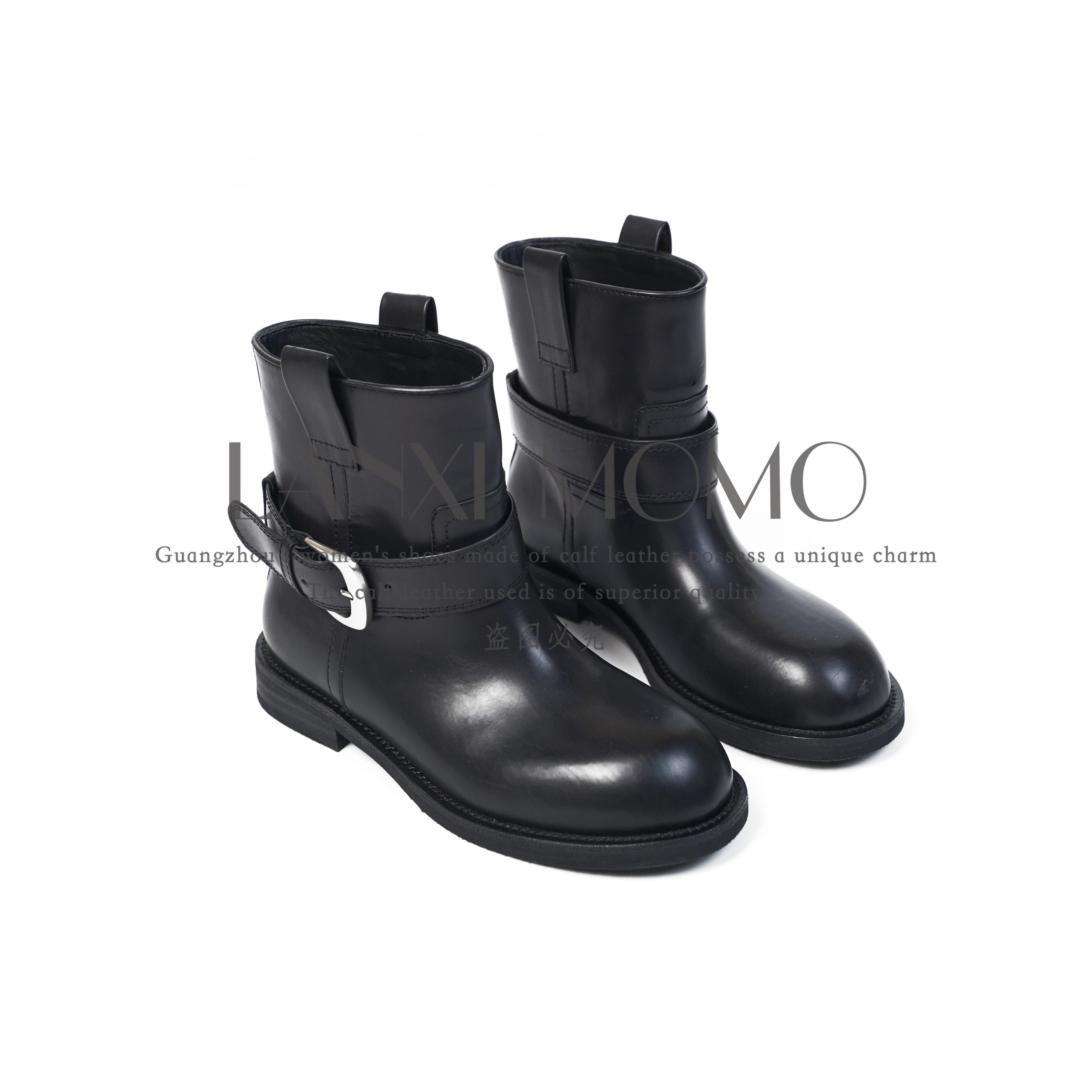 【LANXI MOMO】时尚百搭女士黑色真皮短筒圆头粗跟短靴25XZ769LX