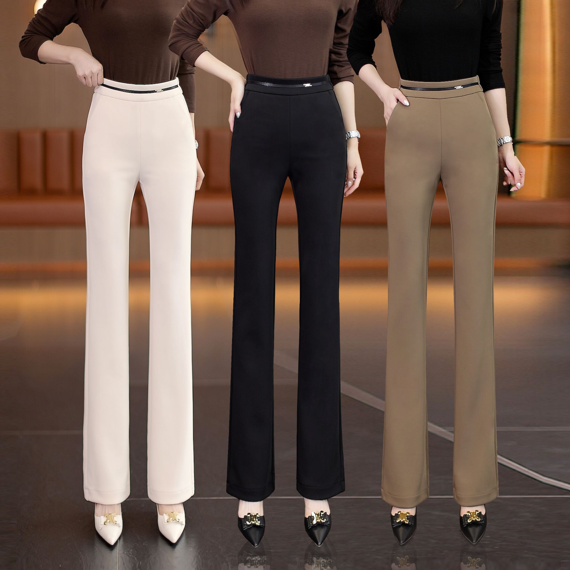 春秋百搭休闲风高弹力高腰休闲裤外穿百搭微喇叭裤裤子修身显瘦