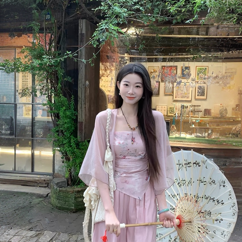 新中式国风禅意套装女夏季开衫吊带阔腿裤三件套