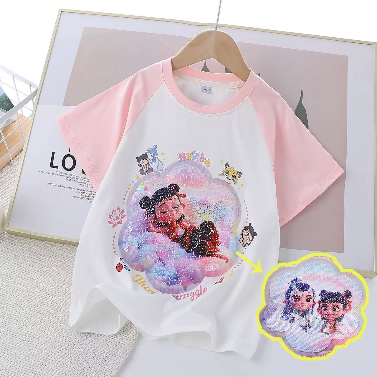 哪咤儿童服装亮片变色t恤2025新款女孩洋气上衣纯棉短袖夏季衣服