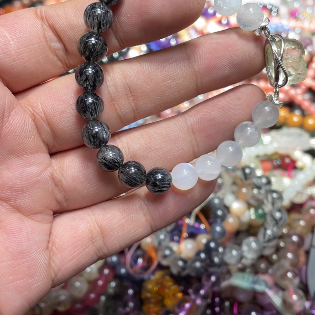 烟晶手链银S800镀金镶嵌