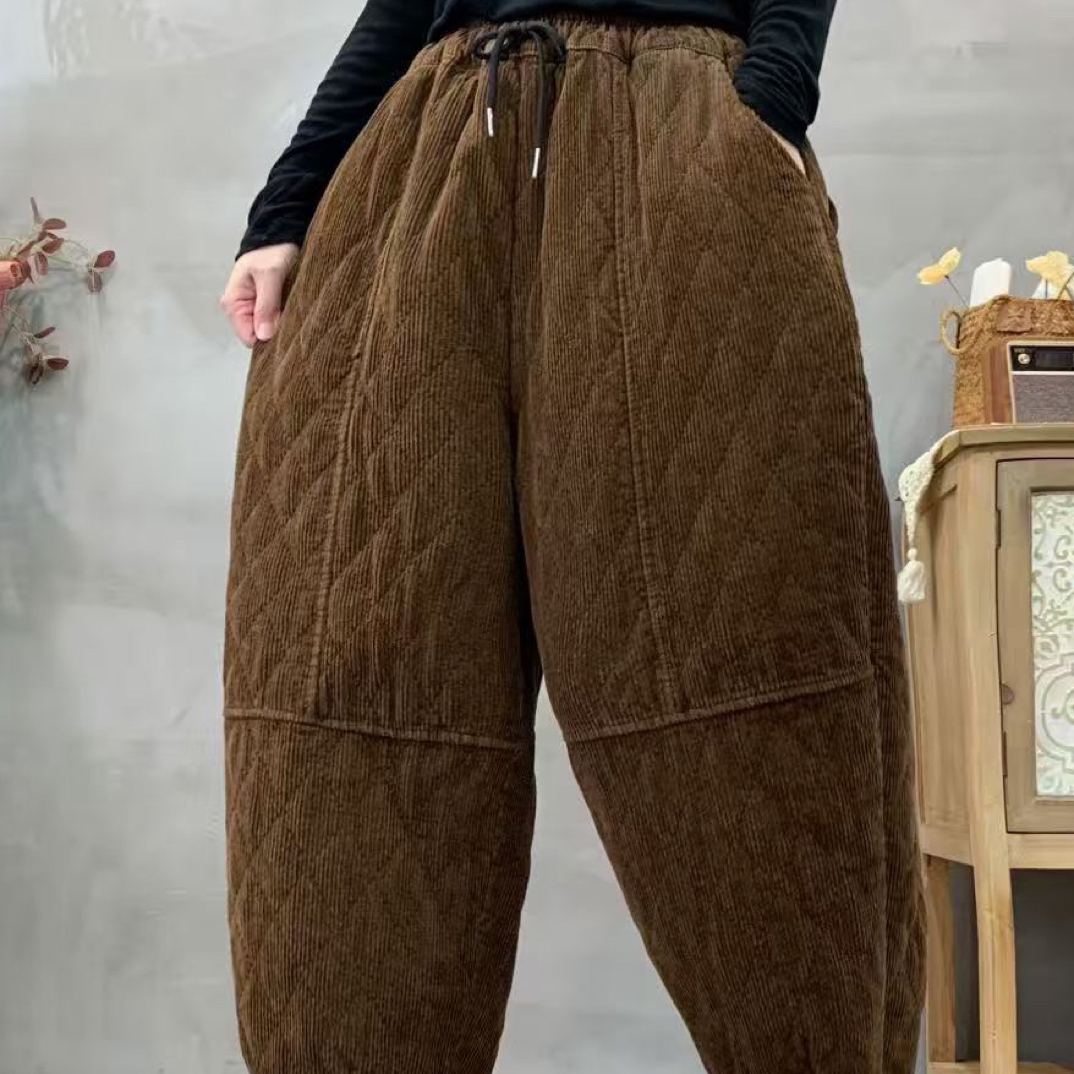 25068冬季加棉加厚灯芯绒拼接松紧腰宽松哈伦休闲棉裤