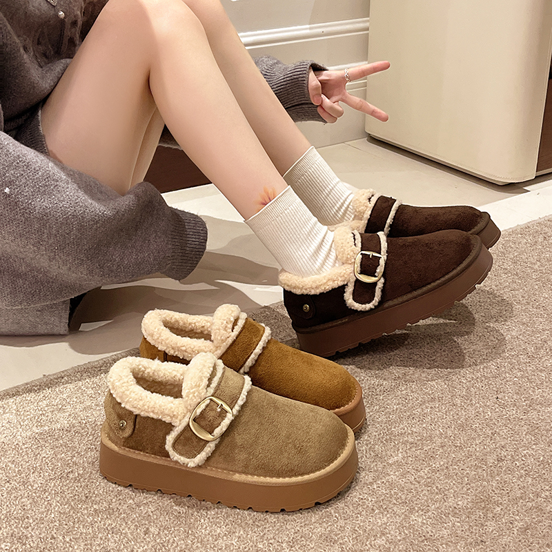 牛皮女鞋勃肯鞋女冬季加绒保暖厚底毛毛鞋加厚厚底棉鞋T93-3