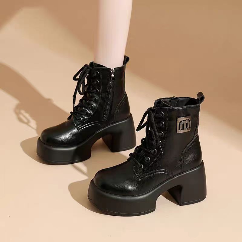 8公分高跟真皮短靴女2025新款秋冬加绒轻便厚底小个子增高马丁靴