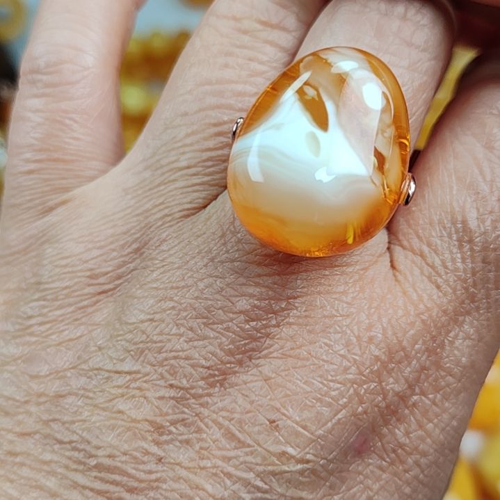 琥珀戒指银S925镀金镶嵌