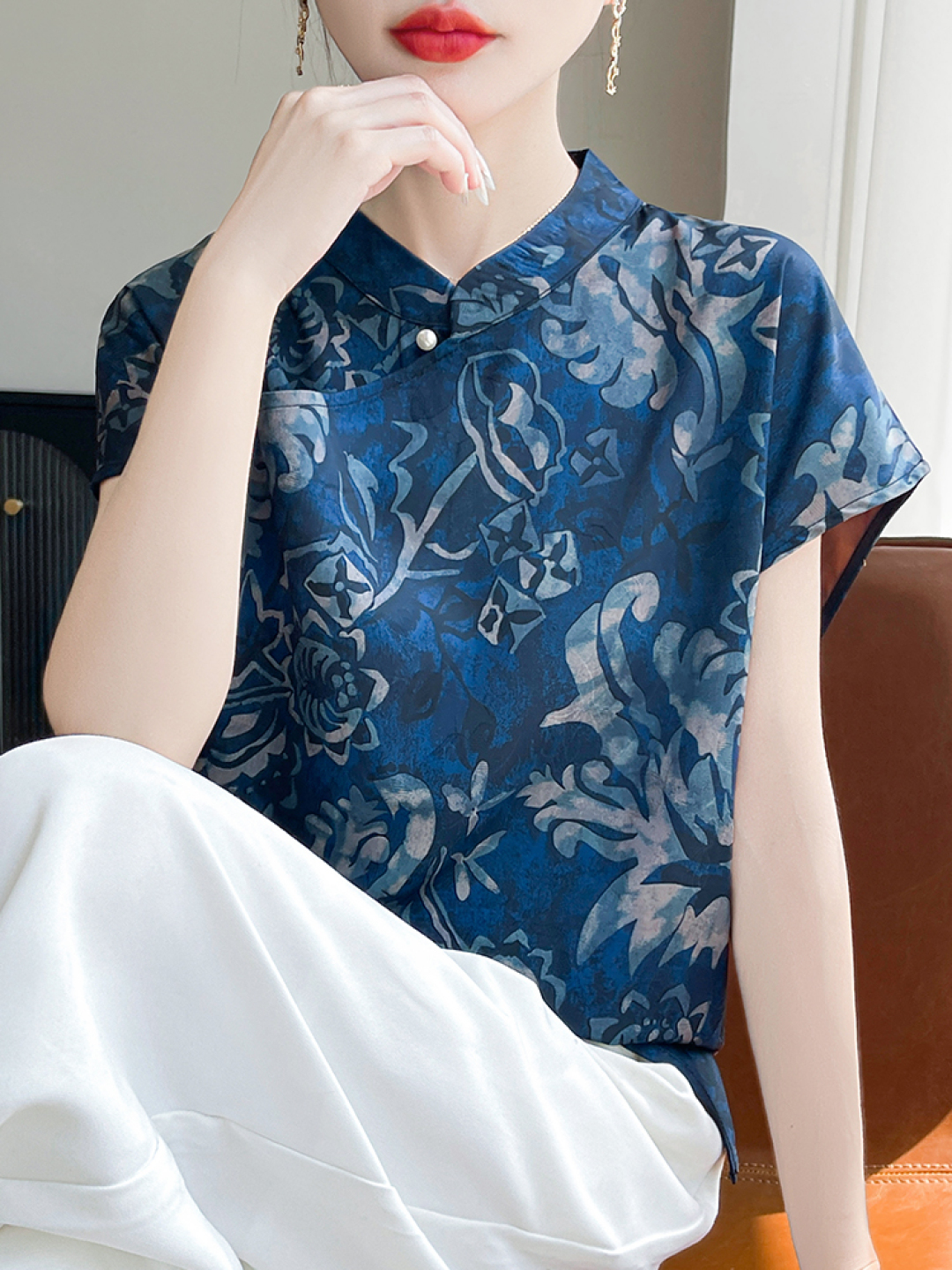 新中式国风提花上衣夏季中国风圆领短袖常规款复古富家千金风女款