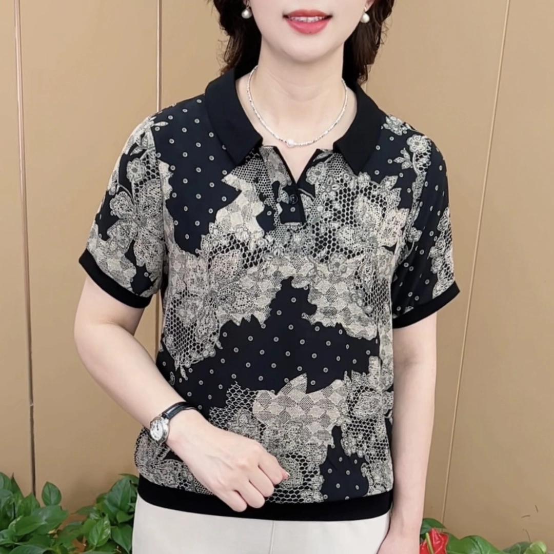 2025夏季新中式立体印花翻领气质遮肉妈妈装显瘦休闲薄款短袖上衣