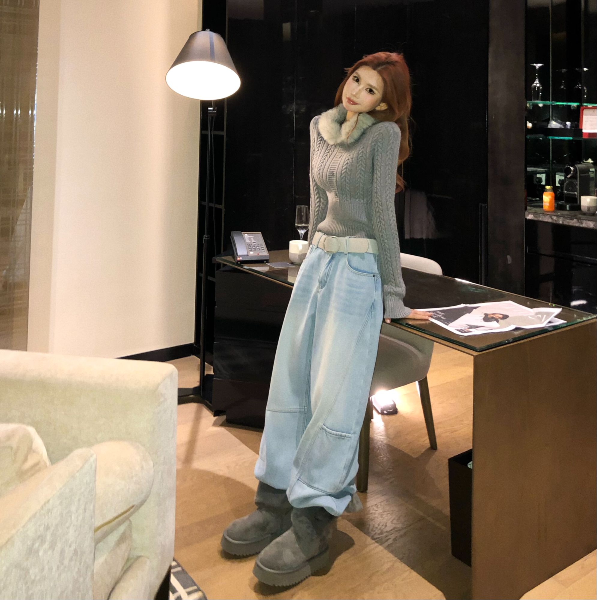 婉君【口袋牛仔】原创”内里加绒“重工洗水直筒牛仔裤LWJ25D4K3759