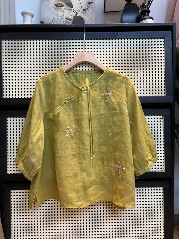 新中式刺绣苎麻衬衫女夏季盘扣设计文艺复古宽松上衣苎麻上衣禅意