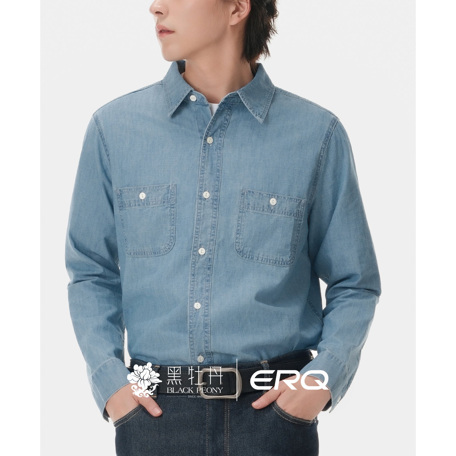 ERQ[全棉美式]男士休闲衬衫宽松薄款简约长袖男款复古纯色纹理