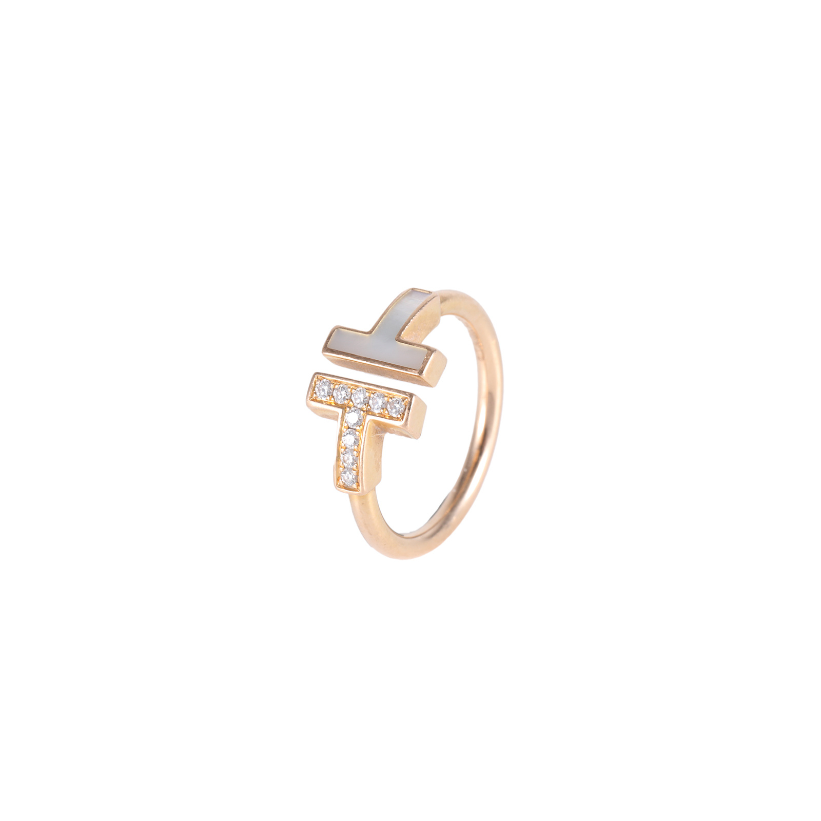 99新 Tiffany & Co./蒂芙尼 小花6珊 半钻半贝母线圈戒指49玫瑰金