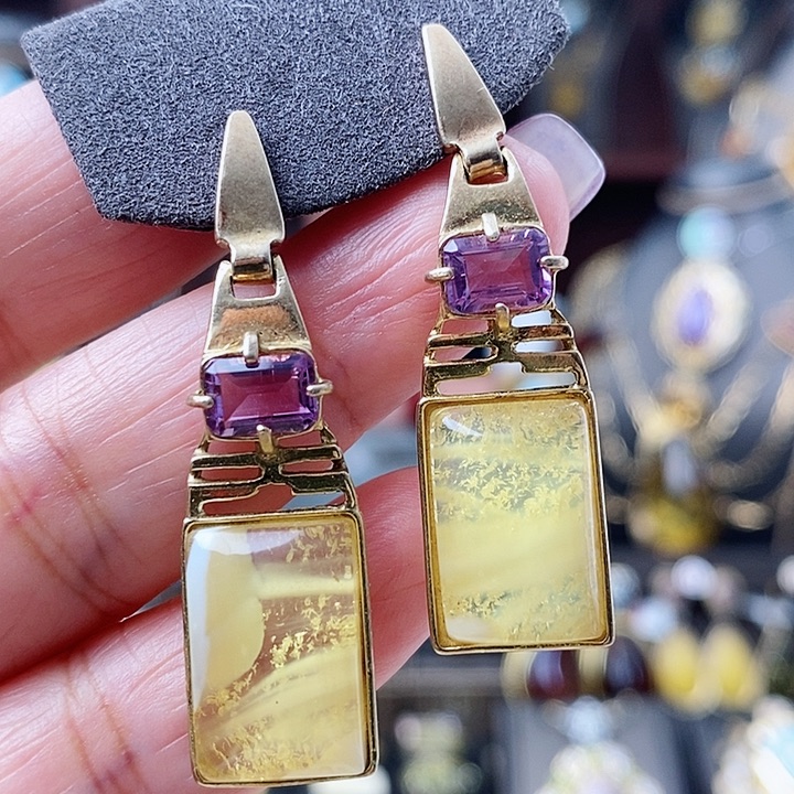 琥珀耳饰银S925镶嵌耳环