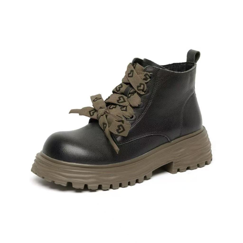 W51G112加绒马丁靴时尚潮流系带英伦风圆头粗跟甜美风短靴 厚绒