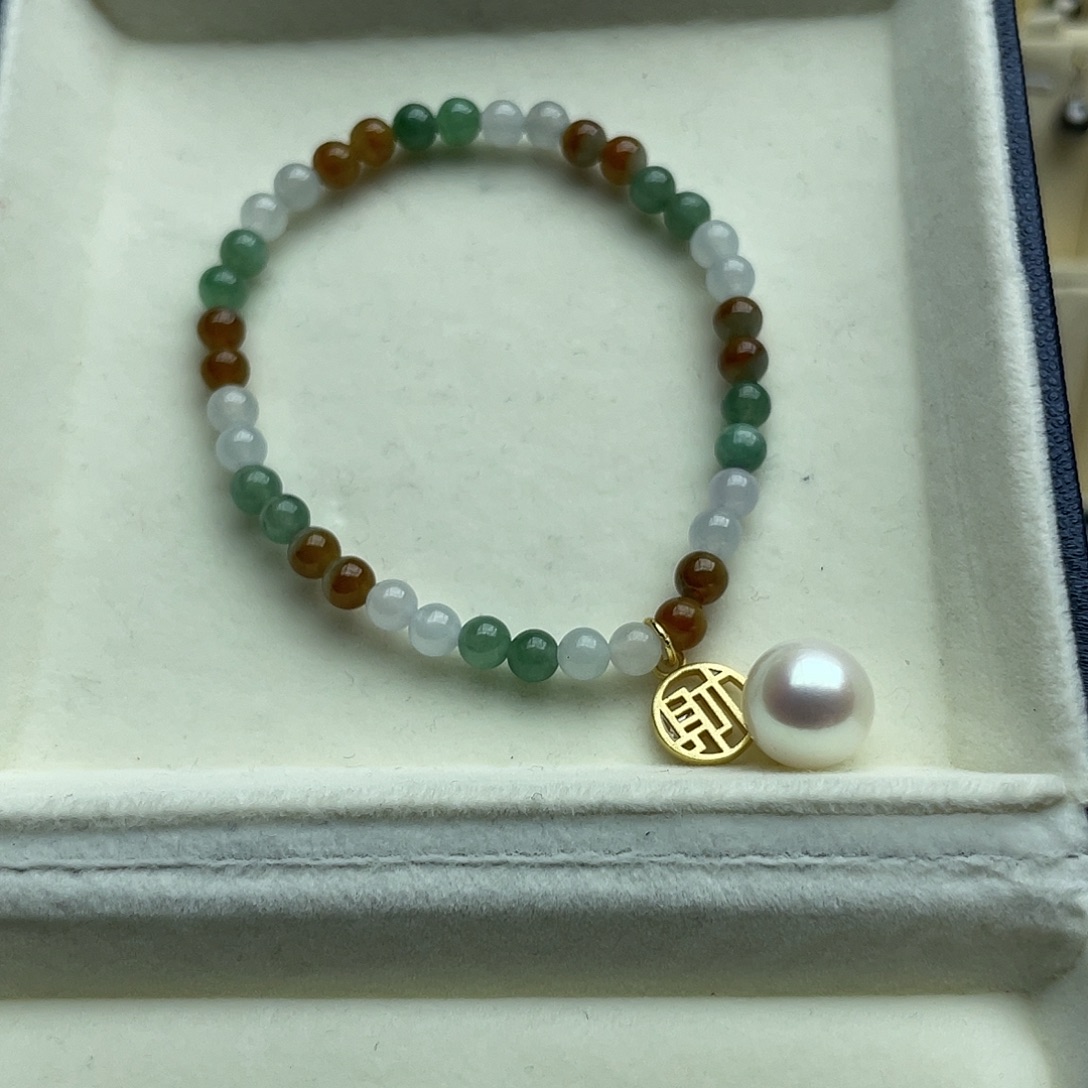 棉***糖淡水珍珠手串银S925镀金镶嵌