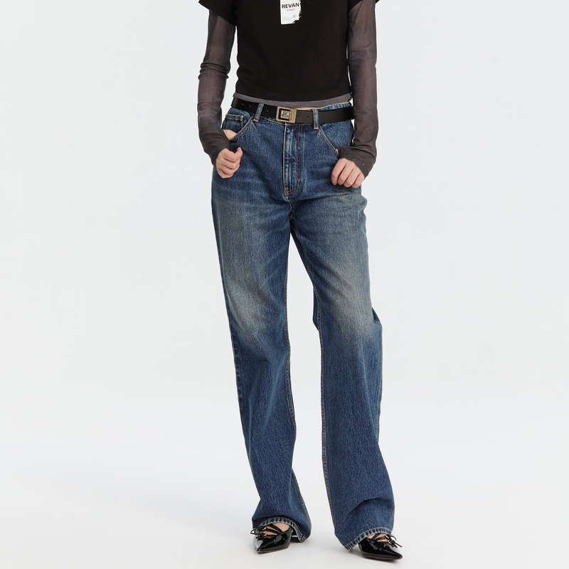 【陈大可专属】REVAN芮范复古水洗蓝高腰牛仔裤RM91302008