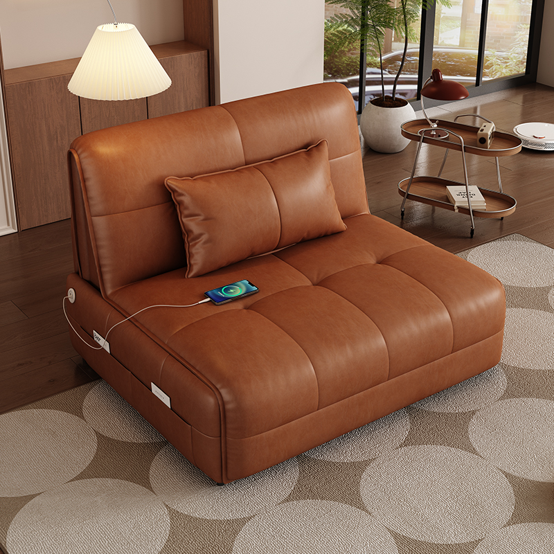 梦梵空间电动单人沙发床油蜡皮轻奢家用阳台书房两用可折叠客厅