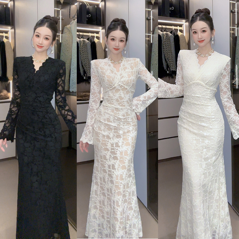 【小茵家】冬款V领加绒长款蕾丝甜美蕾丝鱼尾连衣裙女神款