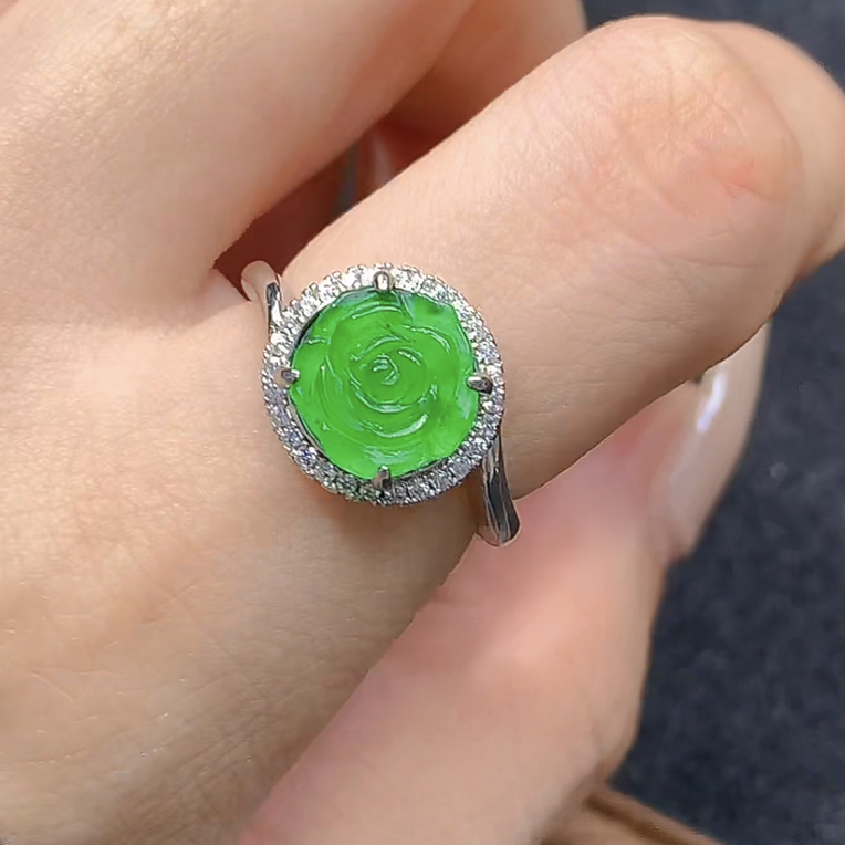 JZ156天然翡翠A货冰阳绿玫瑰花戒指圈口可调时尚百搭多样性