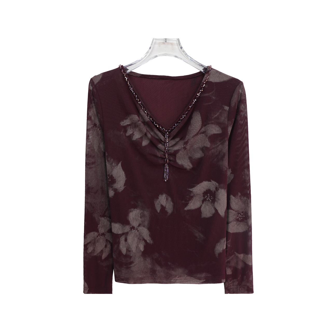 时尚V领设计感串珠优雅气质打底T恤X27231