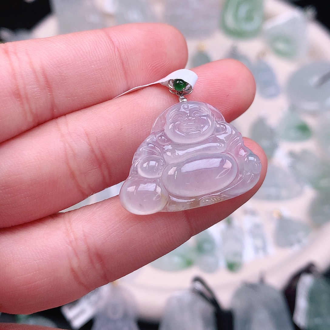 翡翠颈饰18K金镶嵌冰胶布袋佛